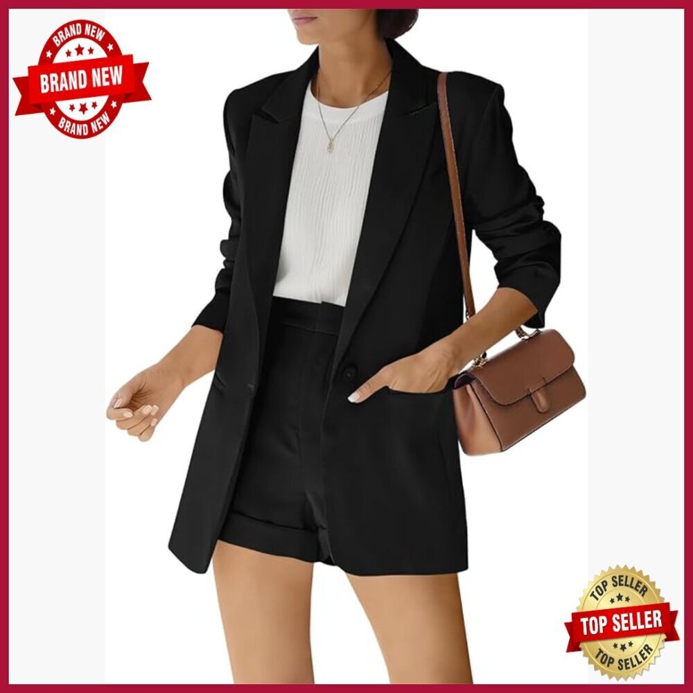 2-Piece Blazer & Pants Suit Set, Long Sleeve Open Front, Polyester Spandex
